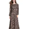Kvinnor leopard print ankel längd klänning vintage långärmad casual parti es damer kontor elegant o-hals 210514