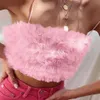 Kvinnor Sexig Spaghetti Strap Feather Crop Top Ärmlös Solid Färg Mini Camisole Fluffy Plush Bralette Party Clubwear 210518