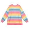Harajuku stil kpop randig lös tröja kvinnor våren långärmad pullover kawaii kläder färgglada regnbåge student flicka toppar 210803