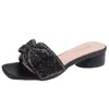 Summer Slippers Outdoor Web Celebrity Lovely Diamond Bow Chunk Heel Fairy Style Low Sandals With Flip-Flops