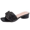 Sommer-Hausschuhe, Outdoor-Web-Promi, schöne Diamant-Schleife, Chunk-Absatz, Feen-Stil, niedrige Sandalen mit Flip-Flops