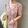 Zarif Çiçek Şifon Elbise kadın Yaz V Yaka İpli Lace Up Bel Kısa Kollu Orta Buzağı Elbiseler 210427