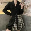 Yitimuceng Faux 2 Pièce Blazer et Jupe Robes pour Femmes Plissé Vintage Volants Plaid Mini Entaillé Printemps Splice Patchwork 210601