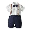 Bboys Bow Tie Shirt + Suspender 바지 복장 여름 2020 키즈 부티크 의류 1-4T 작은 소년 반팔 신사 정장