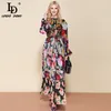 Ld linda della moda runway verão manga longa maxi vestido feminino cintura elástica floral impressão elegante festa feriado longo vestido 210325