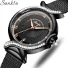 Sunktaの高級超薄い女性の時計ファッションカラーガラスのアナログクォーツウォッチの女性の黒い網のカジュアル防水腕時計210517
