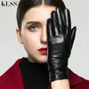 Marca de couro genuíno mulheres luvas clássico preto alta qualidade touchscreen goatskin luva inverno mais veludo térmico 7031