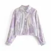 BBWM Moda Donna Denim Maniche lunghe Risvolto Giacca stile BF Primavera Elegante Tie-Dye Viola Polvere Allentato Casual Giubbotti corti 210520