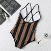 One-Pieces Personality V Neck Women Swimwear Sexy Backless High Waist Swimsuit INS Fashion Letter Striped Printed Bathing Suit