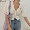 Woherb Koreaans Chic Elegant V-hals Crop Top Cardigan Dames Holle Slanke Taille Knitwear Vintage Puff Sezomer Summer Cardigans 210805