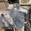 Streetwear Dantel Patchwork Jean Hole Denim Ceket Kaban Kadın Boy Uzun Kollu Perspektif Çiçek Nakış Gevşek Palto 210520