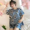 Lato Kobiety Krótki Rękaw Piżamy Zestaw Cute Seksowna Bielizna Bielizna Silk Plus Size Nightwear Animal Cartoon Home Odzież 210830