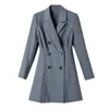 Корея стиль осени WomeNDouble Blazers и куртки женский тонкий сплошной цвет длинные пиджаки дамы повседневная пальто 210514