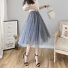 Tulle Skirts Womens Midi Pleated Black Pink Women Spring Summer Korean Elastic High Waist Mesh Tutu 210619