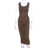 Ruched Solidne Sexy Bodycon Party Dresses Kobiety Moda Bez Rękawów Skinny Clubwear Basic Midi Dress Slim Female 210522