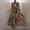 Maillots de bain pour femmes 2021 Imprimé tropical Sexy Halter Neck High Slit Robe longue