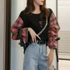 Women Black Pullover Sweatshrits Plaid Pink Embroidery Key Lace-up Crew Neck Patchwork Autumn Sprint H0136 210514