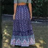 Floral Print Bohemian Long Skrits Womens High Waist Blue Hollow Out Maxi Skirt A-line Summer Casual Bottoms 210427