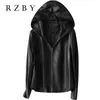 RZBY Women 100% Real Sheepskin Coat Hooded jacket spring fashion Genuine Leather Jackets Chaqueta Mujer Top Quality 210916