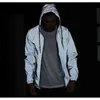 Mens Mesh Reflekterande Noctilucent Light Hooded Jacket Hip Hop Fluorescerande Löpande Streetwear Vattentät Coat Outwear 2xL 210522