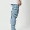 Män Jeans Casual Cotton Denim Trousers Multi Pocket Cargo Pants Mens Mode Pencil Pant Side Fickor för Man