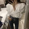Jesień Koreański Moda Odzież Ruffles V-Neck Z Długim Rękawem Koszula Kobiety Swalitigan Elegancka Bluzka damska Blusas Mujer 9656 210528