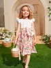 Vestido de 1 pieza con lazo en la parte delantera y manga de mariposa con estampado floral para niñas pequeñas SHE