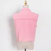 Pink Casual Denim Vest For Women Lapel Sleeveless Patchwork Pocket Tassel Straight Coat Female Spring Fashion 210524