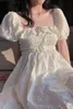 Kvinnor Sommarkluk Koreansk Elegant Ruffles Puff Sleeve Vestidos Vintage Sweet White Robe Square Collar Floral Mini Dresses 210519