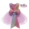 Öppna Back Sequins Flower Baby Girls Dress Ceremony Kläder Tutu Party Elegant Wear Princess Kids Vestidos 210508