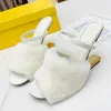 newest Designer High heeled slippers womens sandals Fashion Mink hair Real wool F heel shoes Genuine Leather sole 8.5 cm Heels