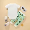 Summer Children Sets Casual Short Sleeve O Neck Print Fruit Rompers Patchwork Trousers Cute 2Pcs Girls Boy Clothes Set 0-2T 210629