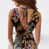 Vintage Imprimir Lace-up Backless Longo Dress Elegante Halter V Neck Sem Mangas Festa Vestido Mulheres Sexy Slim Elastic Cintura Maxi Vestido X0521