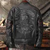 Embroidery Skull Motorcycle genuine Leather Jackets Natural Cowhide Moto Biker Coat Men's Spring and Autumn Clothing