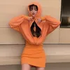 Lucyever Faux Deux Hoodies Robe Femmes Automne À Capuche Mini Robes Femme Orange Empire Style Coréen Slim Vêtements Femme 210521