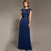 Personalizado azul marino Lace Madre de la novia Vestidos 2021 Off Hombro Sweep Treen Chiffon Vestidos de noche formales