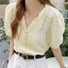 Summer Gentle V-Neck Hollow Out Girls Casual Sweet Basic OL Streetwear All Match Short Sleeves Florals Shirts 210525