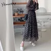 Yitimuceng Floral Print Dresses for Women Summer Spring Ruffles Korean Fashion Midi Dress Long Sleeve White Black Sundress 210601