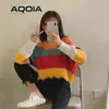 Vinter Bohemian Kvinnor Tröja Rainbow Colors Striped V Halsband Kort Pullovers Korea Tassel Långärmad Kvinnlig Kläder 210521