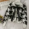 Sweter Jesień O Neck Bow Bird Lattice Cardigans uprawa Z Długim Rękawem Koszulki Topy Single-Breasted Coat Sueters de Mujer 210610