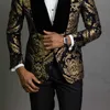 2 pièces noir Floral Jacquard bal hommes costumes Slim Fit avec velours châle revers mariage marié smoking mâle mode vêtements X0608