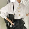 Blanc coréen élégant femmes dessus de chemise à manches longues col rabattu boutons Blouses bureau dames mode Blusas Mujer 210513
