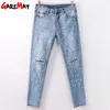 Rasgado jeans magro para mulheres tornozelo comprimento pérola grânulos mulher vintage slim denim lápis calças buraco 210428