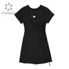 Black Sexy Bodycon Crop Dress Women High Waist Slim Drawstring Bandage Short Sleeve Skinny Dresses Streetwear Trendy Vestidos 210515