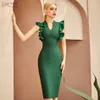 Adyce Verão Mulheres Green Ruffles Midi Bodycon Bandage Dress Sexy V Neck Sem Mangas Noite Club Festa Lady Wrap Vestidos 210608