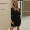Kadın Bahar ve Sonbahar Altın Kadife Seksi V Yaka Uzun kollu Elbise Moda Düz Renk Ince Mini Femme Bodycon ES 210517