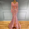 2021 Fashion Mermaid Evening Dresses V Neck Sequin Long Sleeve Prom Dress Shiny Pleat Ladies vestido de novia