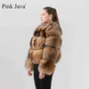 Różowy Java QC18884 Real Raccoon Fur Coat Damska Kurtka Zima Luksusowe Puszyste Płaszcze Sprzedaż 211220