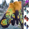 Women Winter Faux Cashmere Warm Full Finger Gloves Floral Embroidery Mittens T5UF Five Fingers