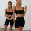 Casual Ruched Women Two Piece Set Crop Top Strap Biker Shorts Fitness Co Ord Matchning 2021 Sommarkläder Outfit TrackSuit Y0702